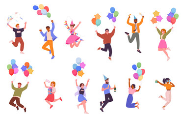 Celebrating people. Happy men and women celebrate holiday, characters with gift box, balloons and champagne at Birthday party flat vector illustration set. Cheerful celebrating friends