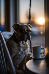 Dog Sitting at a chair Table with Coffee Cups at Sunset 