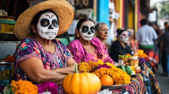 Mexican people in the streets of the city during the celebration of the day of the dead, concept of national holidays, day of the dead and traditional values