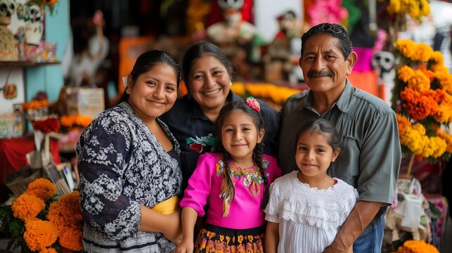 a happy Mexican family celebrate the day of the dead, concept of traditional values, ancestral memory, national holidays