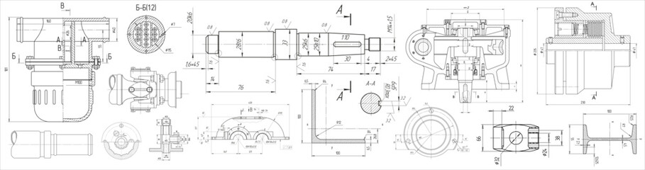 Vector engineering drawing of steel mechanical parts 
with through holes and dimension lines. Industrial 
cad scheme on paper sheet. Technology background.