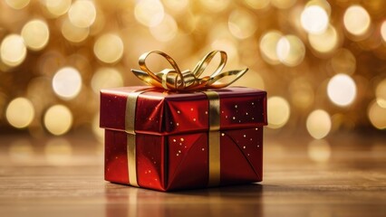 Christmas red gift box with gold ribbon on a wooden table with gold bokeh background. Holiday card, space for text