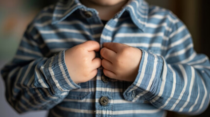 a little kindergarten boy's hands learning to get dressed, buttoning his striped blue shirt.