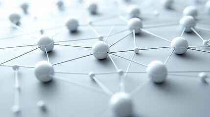 Abstract representation of connection and networking in a modern digital landscape, featuring white spheres and lines.