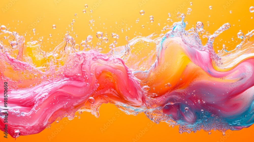 Poster abstract colorful background with flowing paint and bubbles.