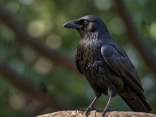 Fototapeta premium Watchful Crow Perched on a Tree Branch in Serene Forest