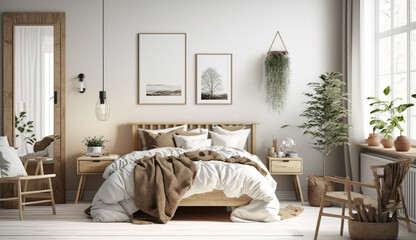 Beautiful Scandinavian style bedroom mockup with natural wood furniture