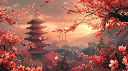 Cherry blossom festival at sunset with traditional pagoda - generative ai