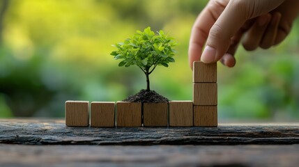 Hand placing a wooden block to support a young tree, symbolizing growth and nurturing