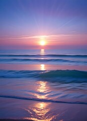Obraz premium A serene ocean landscape with calm, rippling waves reflecting the warm, pastel-colored sky and bright sun in the distance, vertical stories social influencer format
