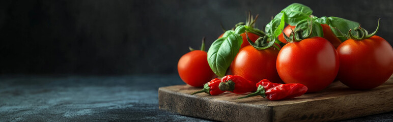 Low-angle photo of tomatoes on a wooden board with basil and pepper against a dark background