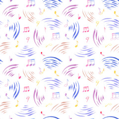 Musical waves and music notes. Note symbols. Abstract seamless pattern. Flying Multicolored elements. Naive shapes. Watercolor illustration for International Music Day. For textile, package, wrapping