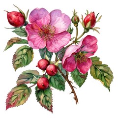 Delicate Rosehip Fruit and Leaves. Watercolor Herbal Illustration of Ripe Red Rosehip with Fresh Green Leaf on White Background