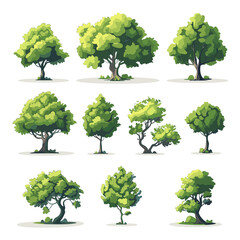 Set of different green trees isolated on white background. Vector illustration.