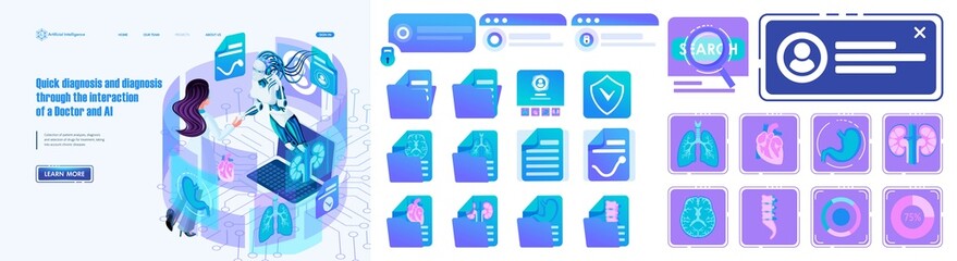 AI Landing page Isometric. Quick diagnosis and diagnosis through the interaction of a Doctor and Artificial Intelligence. Page Projects of the medical website and set icons