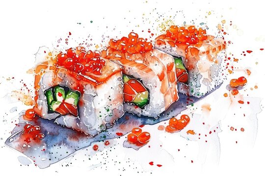 Hand-drawn Japanese Sushi Rolls with Red Caviar and Tobico. Traditional Seafood Delight