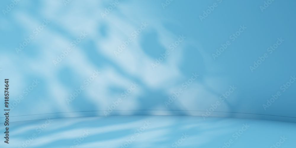 Poster blue minimalist curved studio for product presentation. empty room with shadows of tree leaves. 3d r