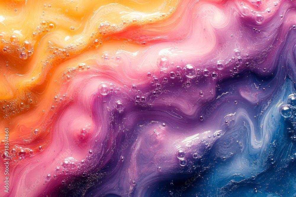 Poster abstract colorful background with flowing paint and bubbles.