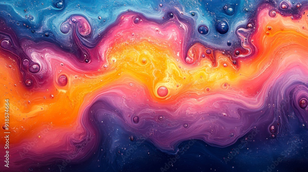 Poster abstract colorful background with flowing paint and bubbles.