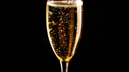   A high-resolution image of a champagne flute filled to the brim and positioned against a dark background, adorned with golden glitter specks at the base