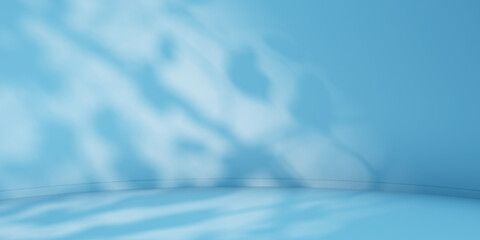 Obraz premium Blue minimalist curved studio for product presentation. Empty room with shadows of tree leaves. 3d room background with copy space. 3d render illustration