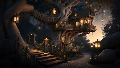 Obraz premium Beautiful fairytale treehouse village. Surreal mystical fantasy artwork