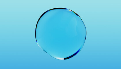 Abstract water bubble on blue background. Blue distorted droplet floating, Purity concept. 3d render illustration