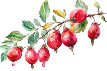 Ripe Rosehip and Fresh Briar Berries in Hand Painted Watercolor Illustration