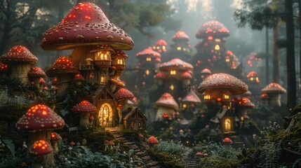 Fototapeta premium Magical mushroom village in the forest - generative ai