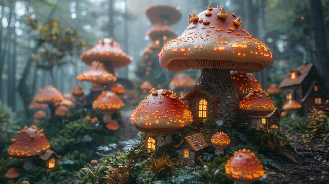 Mushroom houses in enchanted forest - generative ai