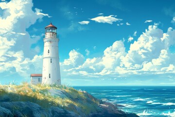Lonely Lighthouse: A Solitary Beacon of Hope on the Seashore in an Empty Anime-Style Landscape,Abstract concepts, game concept art, storybook illustrations, comic strips