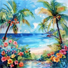 Tropical Oasis. Watercolor Landscape with Palm Trees, Exotic Flowers, and Tranquil Beach