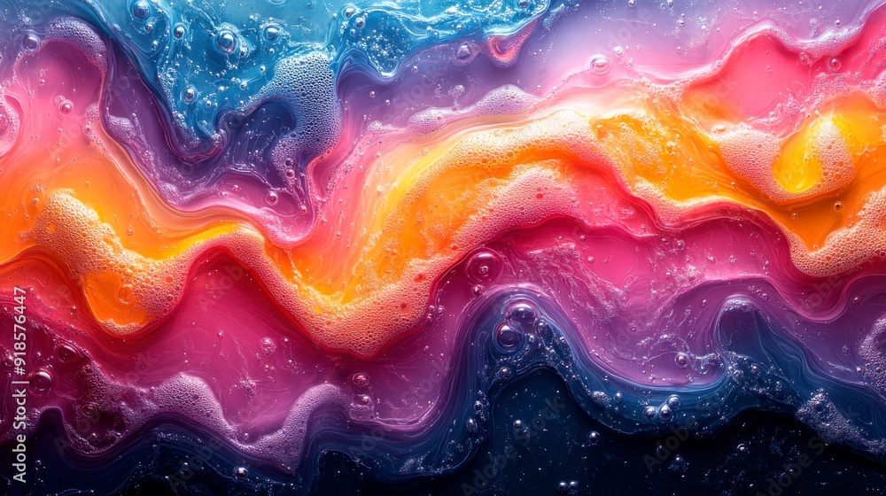 Poster abstract colorful background with flowing paint and bubbles.