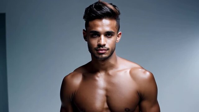 A muscular male model stands confidently in a studio, showcasing his physique against a backdrop of soft lighting.