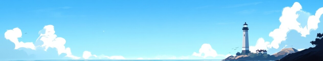 Fototapeta premium Lonely Lighthouse: A Solitary Beacon of Hope on the Seashore in an Empty Anime-Style Landscape,Abstract concepts, game concept art, storybook illustrations, comic strips