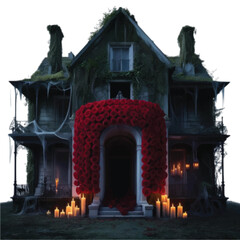 A spooky haunted house decorated with natural red roses isolated on white background vector illustration 