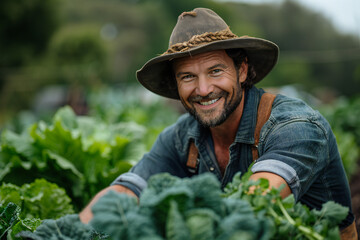 Happy Farmer Harvesting Vegetables