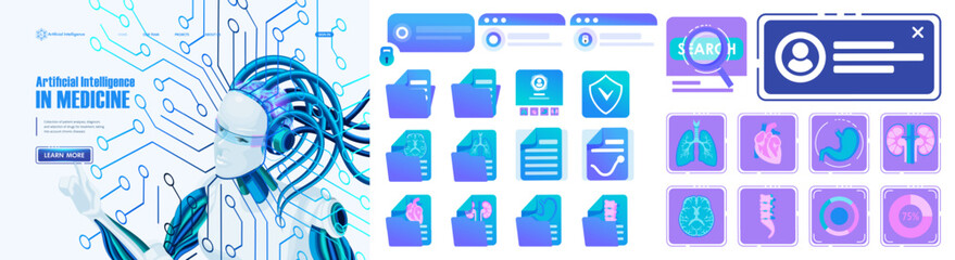 Artificial Intelligence Landing page Isometric. Deep machine learning AI. Female robot with built-in artificial intelligence. Home page of the medical