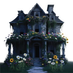 A spooky haunted house decorated with natural flowers isolated on white background vector illustration 