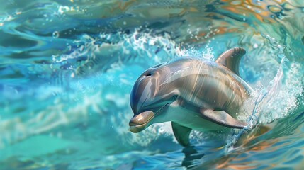 Obraz premium A close-up of a dolphin swimming in water with a wave heading its way