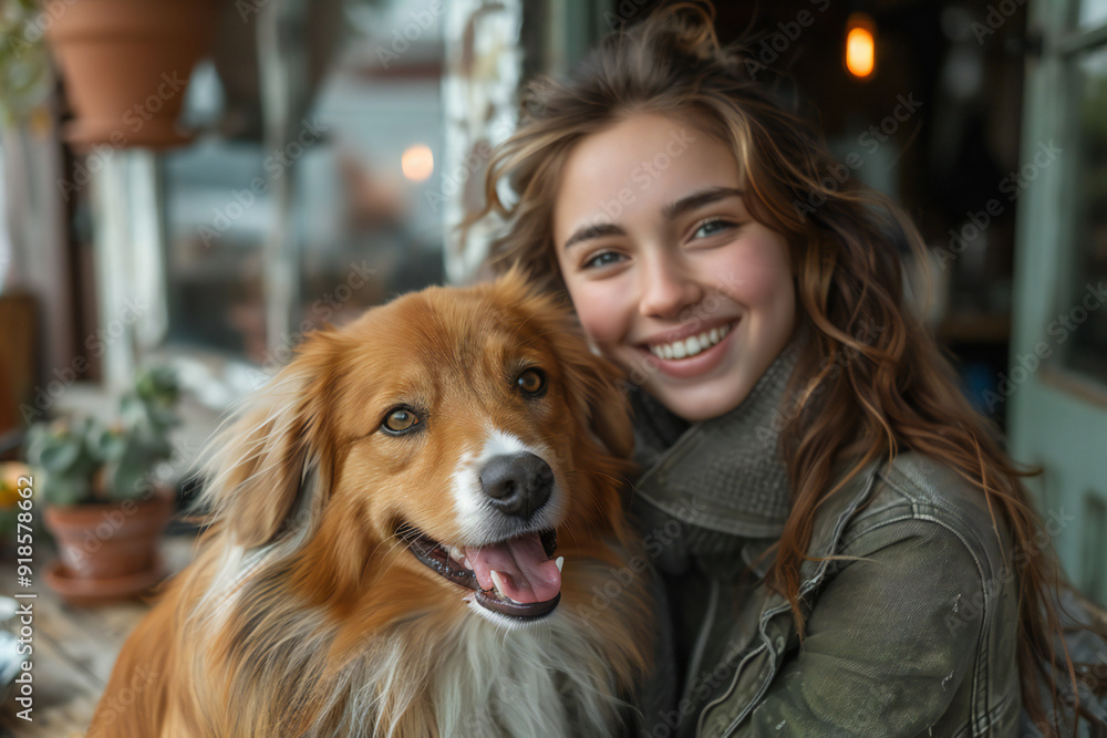 Wall mural Dog Yawning on Woman's Lap