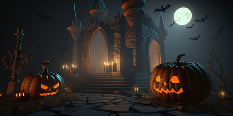Jack O Lanterns pumpkins and candles glowing at spooky mysterious castle
