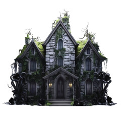 A spooky haunted house decorated with natural black color flowers isolated on white background vector illustration 