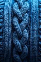 Blue wool knitted pattern with pigtails. Background for a knitting or sewing shop. Part of the pattern on the sweater.	