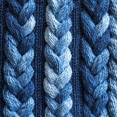 Blue wool knitted pattern with pigtails. Background for a knitting or sewing shop. Part of the pattern on the sweater.	