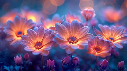 Dew-kissed glowing flowers in twilight - generative ai