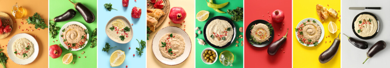 Collage of plates of tasty baba ghanoush on color background, top view