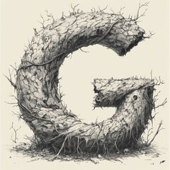 Illustration sketch of the letter G in a simple pencil. An unusual graphic letter. The logo is in a Gothic retro style. Signature with monograms and branches.