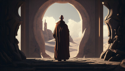 Enigmatic monk standing front of Haunted scarry Castle
