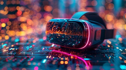 Futuristic vr headset on circuit board - generative ai